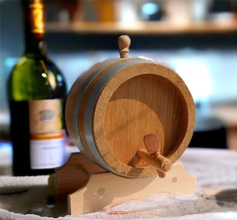 3L handcrafted European oak barrel with stand, spigot, and bung, ideal for aging wine, whiskey, or spirits.